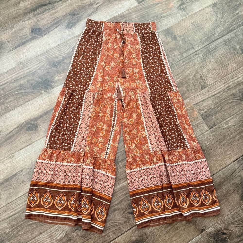Three Bird Nest Blue B. Patchwork Chandler Tiered Wide Leg Pant, Orange Brown,L